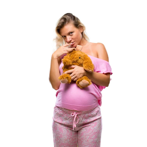 Schwangere Schlafanzug Mit Stofftier Auf Isoliertem Weißem Hintergrund — Stockfoto