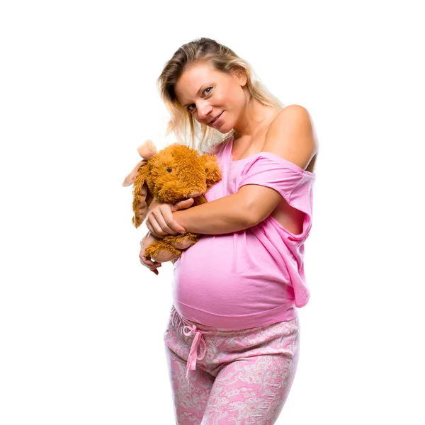 Femme Enceinte Pyjama Avec Peluche Sur Fond Blanc Isolé — Photo