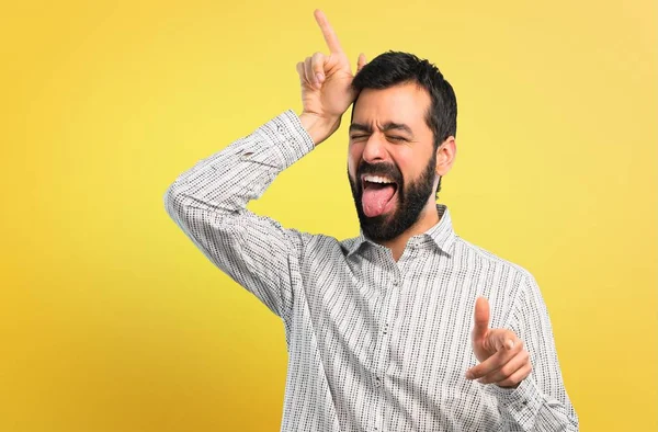 Handsome Man Beard Makes Funny Crazy Face Emotion — Stock Photo, Image