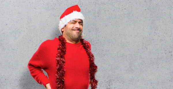 Man Red Clothes Celebrating Christmas Holidays Suffering Backache Having Made — Stock Photo, Image