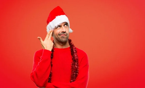 Man Red Clothes Celebrating Christmas Holidays Problems Making Suicide Gesture — Stock Photo, Image