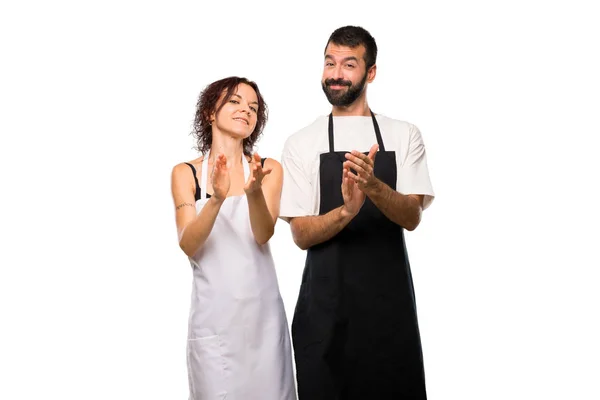 Dva Kuchaři Tleskají Prezentaci Konferenci Izolované Bílé Pozadí — Stock fotografie