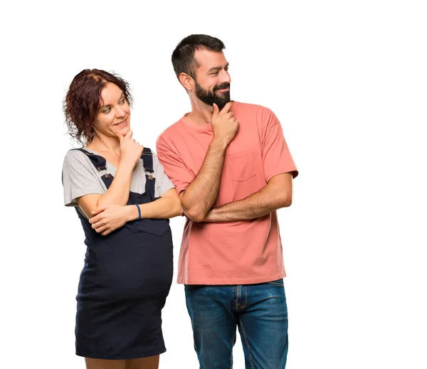 Couple Pregnant Woman Looking Side Hand Chin Isolated White Background — Stock Photo, Image