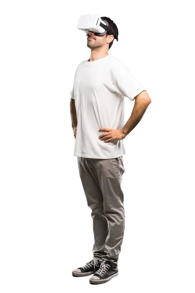 Full Length Shot Man Using Glasses Stand Looking Isolated White — Stock Photo, Image
