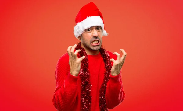 Man Red Clothes Celebrating Christmas Holidays Annoyed Angry Furious Gesture — Stock Photo, Image
