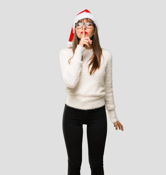 Girl Celebrating Christmas Holidays Showing Sign Silence Gesture Putting Finger — Stock Photo, Image