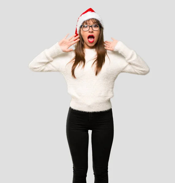 Girl Celebrating Christmas Holidays Surprised Shocked Expressive Facial Emotion Isolated — Stock Photo, Image