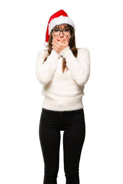 Chica Con Celebración Las Fiestas Navidad Cubriendo Boca Por Decir — Foto de Stock