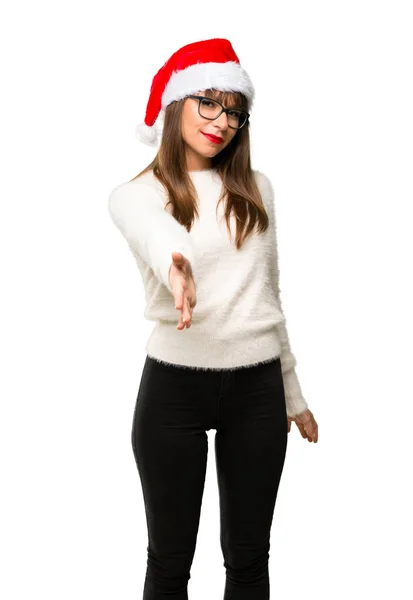 Девушка Празднованием Рождественских Праздников Пожимает Руки Закрытие Много Изолированном Белом — стоковое фото