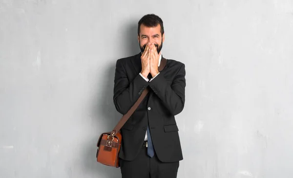 Businessman Beard Smiling Lot While Covering Mouth — Stock Photo, Image