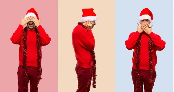 Conjunto Hombre Con Ropa Roja Celebrando Las Fiestas Navideñas Cubriendo —  Fotos de Stock