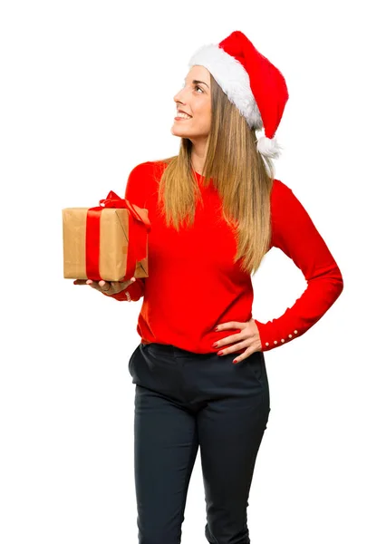 Mujer Rubia Vestida Para Las Vacaciones Navidad Posando Con Los —  Fotos de Stock