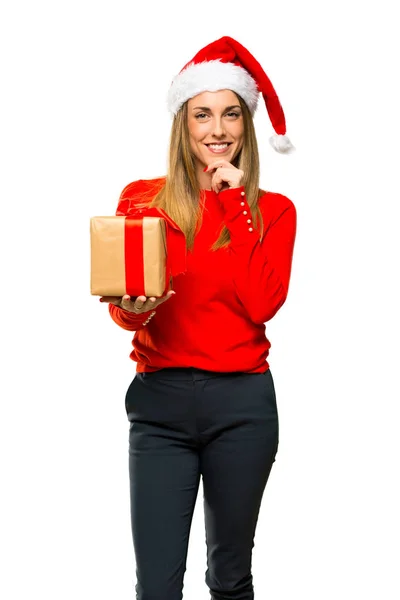 Mujer Rubia Vestida Para Las Vacaciones Navidad Sonriendo Mirando Frente —  Fotos de Stock