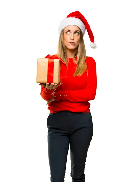 Mulher Loira Vestida Para Feriados Natal Com Dúvidas Com Expressão — Fotografia de Stock