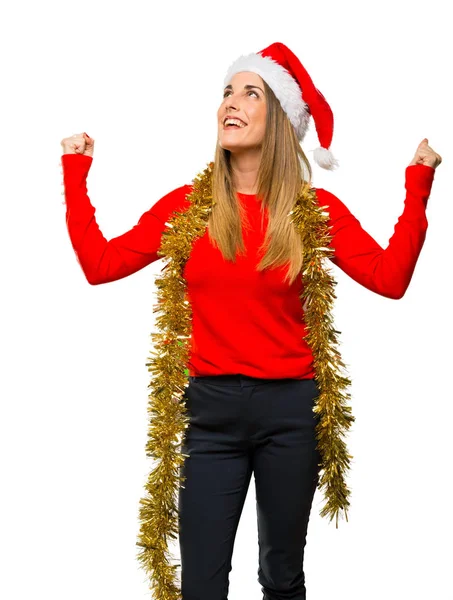 Blond Kvinna Klädd För Julhelgen Fira Seger Vinnare Position Isolerade — Stockfoto