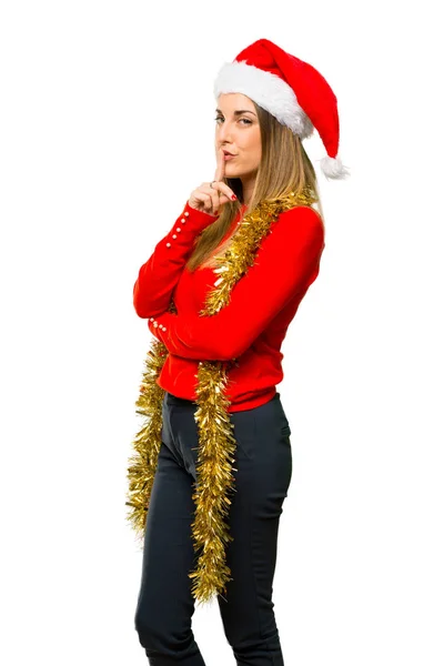 Mulher Loira Vestida Para Férias Natal Mostrando Sinal Fechamento Boca — Fotografia de Stock