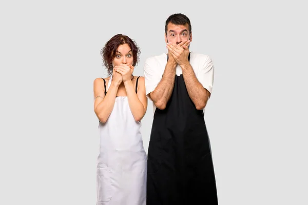 Couple Cooks Covering Mouth Saying Something Inappropriate Can Speak Grey — Stock Photo, Image