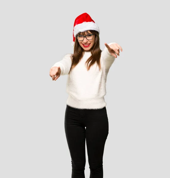 Girl Celebrating Christmas Holidays Points Finger You While Smiling Isolated — Stock Photo, Image