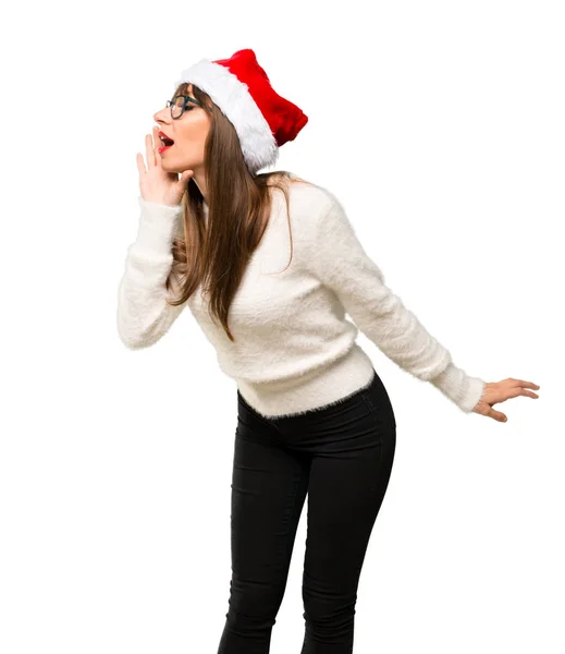 Menina Com Celebrando Feriados Natal Gritando Para Lateral Anunciando Algo — Fotografia de Stock