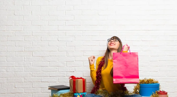 Girl Celebrating Christmas Holidays Holding Lot Shopping Bags — Stock Photo, Image