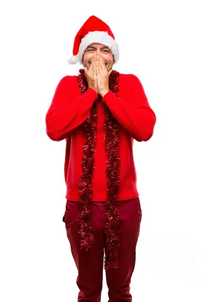 Homme Avec Des Vêtements Rouges Célébrant Les Vacances Noël Souriant — Photo