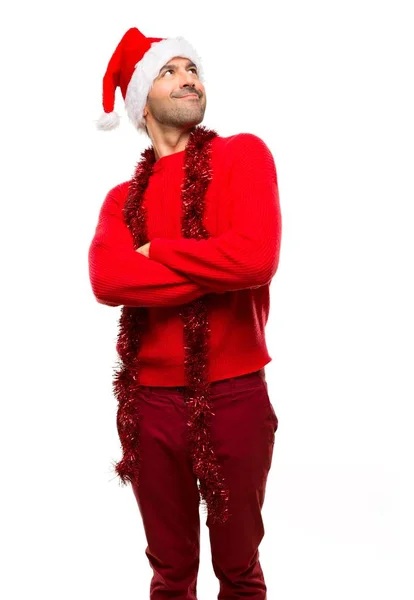 Homem Com Roupas Vermelhas Comemorando Férias Natal Olhando Para Cima — Fotografia de Stock