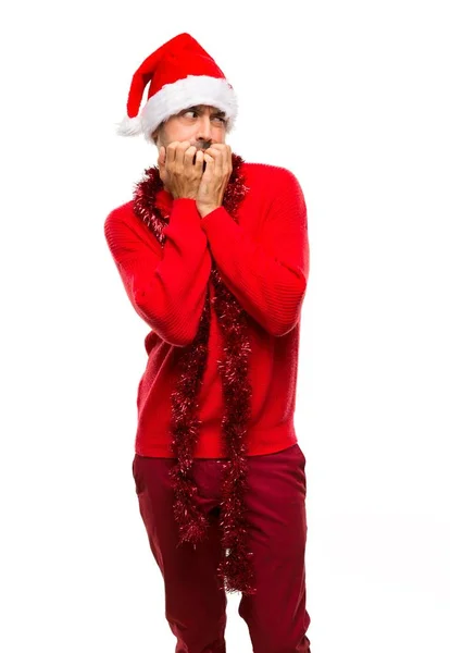 Man Red Clothes Celebrating Christmas Holidays Little Bit Nervous Scared — Stock Photo, Image