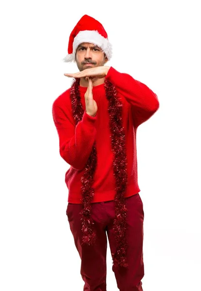 Man Red Clothes Celebrating Christmas Holidays Making Stop Gesture Her — Stock Photo, Image