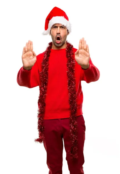 Man Red Clothes Celebrating Christmas Holidays Making Stop Gesture Disappointed — Stock Photo, Image