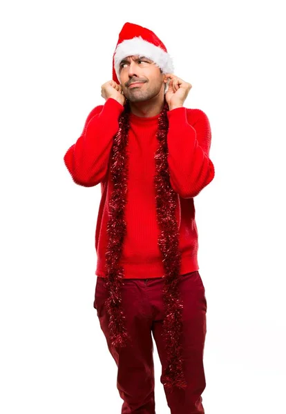 Man Red Clothes Celebrating Christmas Holidays Covering Ears Hands Frustrated — Stock Photo, Image