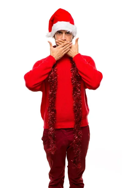 Man Red Clothes Celebrating Christmas Holidays Covering Mouth Hands Saying — Stock Photo, Image