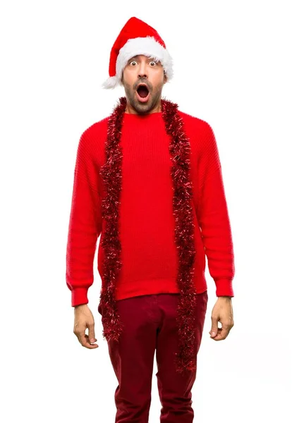 Man Red Clothes Celebrating Christmas Holidays Surprise Shocked Facial Expression — Stock Photo, Image