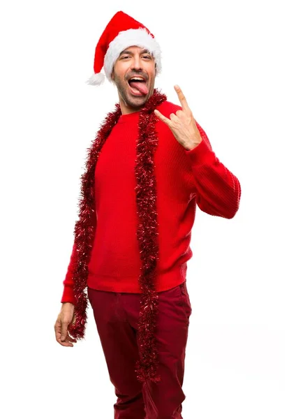 Man Red Clothes Celebrating Christmas Holidays Showing Tongue Taking Out — Stock Photo, Image