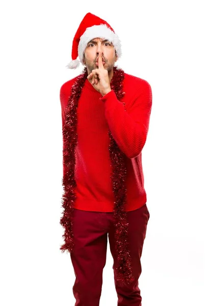 Man Red Clothes Celebrating Christmas Holidays Showing Sign Silence Gesture — Stock Photo, Image