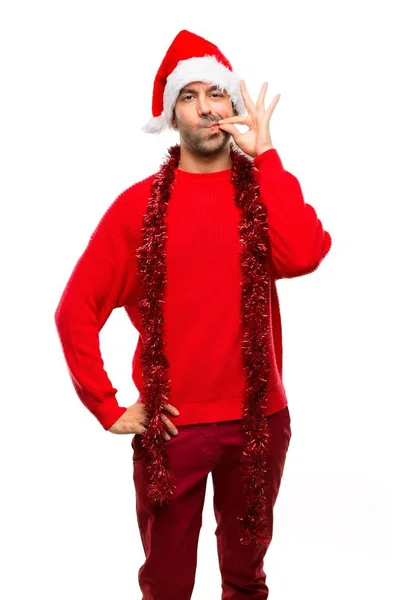 Mann Mit Roter Kleidung Feiert Die Weihnachtsfeiertage Und Zeigt Zeichen — Stockfoto