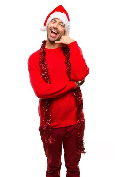 Man Red Clothes Celebrating Christmas Holidays Making Phone Gesture Call — Stock Photo, Image