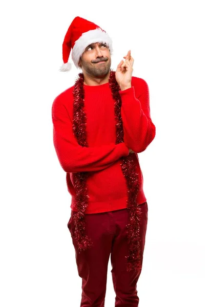 Man Red Clothes Celebrating Christmas Holidays Fingers Crossing Wishing Best — Stock Photo, Image