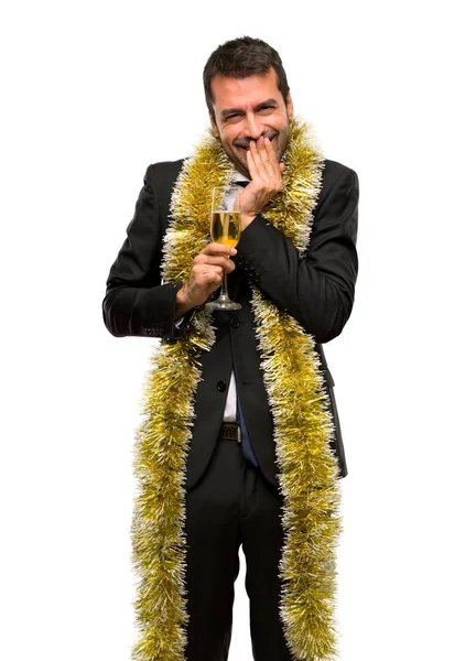 Homem Com Champanhe Celebrando Ano Novo 2019 Sorrindo Muito Enquanto — Fotografia de Stock