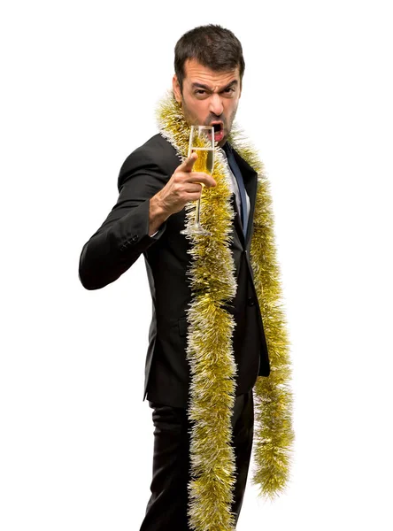 Homem Com Champanhe Celebrando Ano Novo 2019 Frustrado Por Uma — Fotografia de Stock