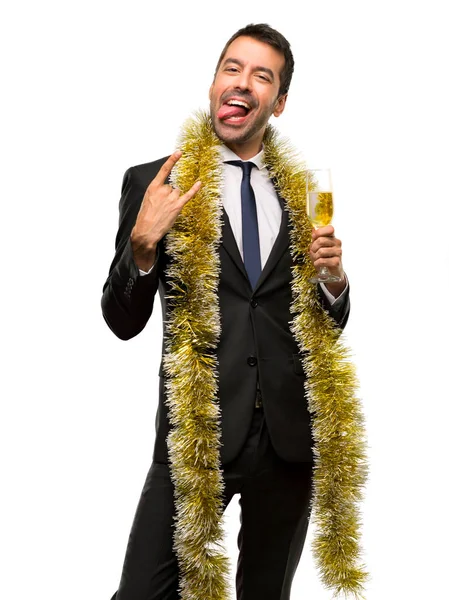 Homem Com Champanhe Celebrando Ano Novo 2019 Mostrando Língua Tirando — Fotografia de Stock