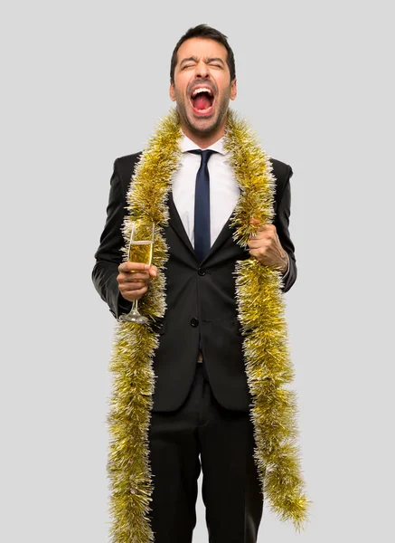 Homem Com Champanhe Celebrando Ano Novo 2019 Gritando Para Frente — Fotografia de Stock