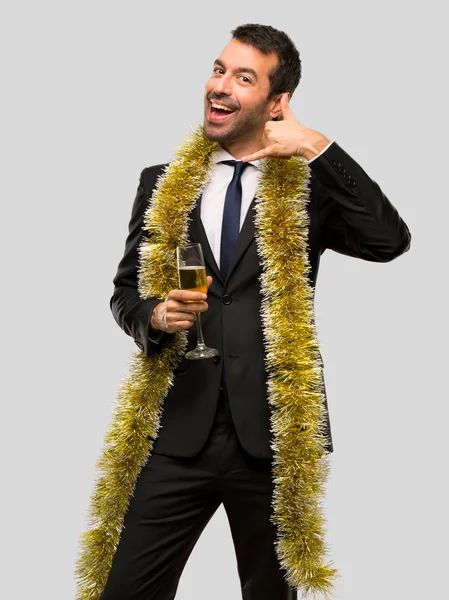 Adam Yeni Yıl 2019 Yapım Telefon Jest Kutlama Şampanya Ile — Stok fotoğraf