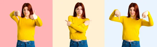 Ein Junges Rothaariges Mädchen Mit Gelbem Pullover Das Zweifel Hat — Stockfoto