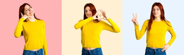 Conjunto Menina Ruiva Jovem Com Suéter Amarelo — Fotografia de Stock