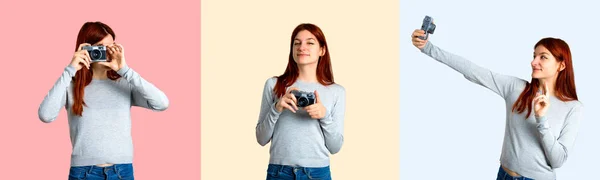 Set Young Redhead Girl Holding Camera — Stock Photo, Image