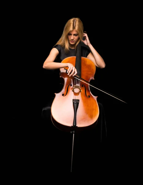 Mladá Dívka Hraje Violoncello Izolované Černém Pozadí — Stock fotografie