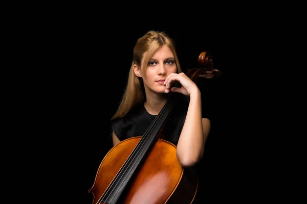 Junges Mädchen Spielt Cello Auf Isoliertem Schwarzen Hintergrund — Stockfoto