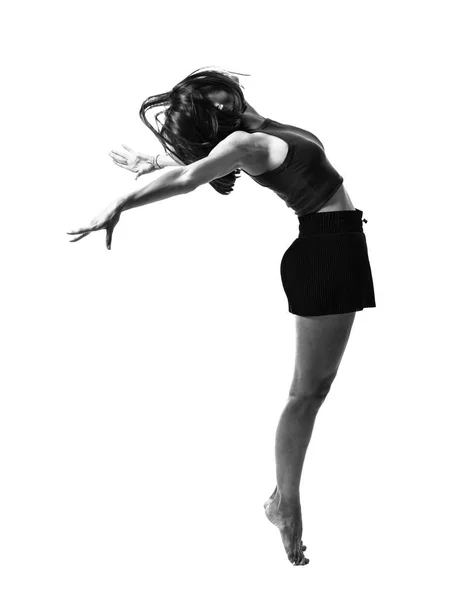 Young Girl Dancing Jumping Studio Isolated Background Black White — Stock Photo, Image