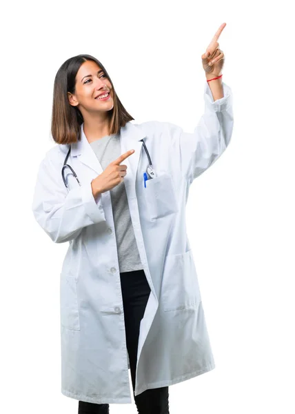Läkare Kvinna Med Stetoskop Peka Med Pekfingret Bra Idé Och — Stockfoto
