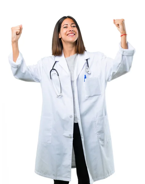 Läkare Kvinna Med Stetoskop Fira Seger Vinnare Position Isolerade Vit — Stockfoto